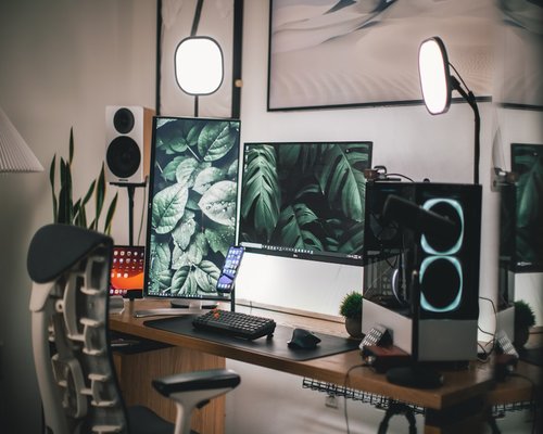 Comfortable home office setup with correct ambient lighting